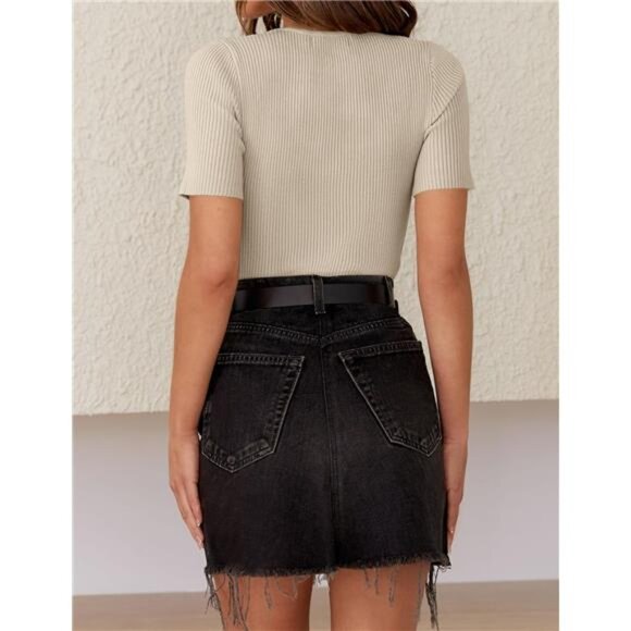 Women's Short Sleeve Sweater Tops 2025 Summer Crewneck T Shirt Ribbed - Picture 4 of 7